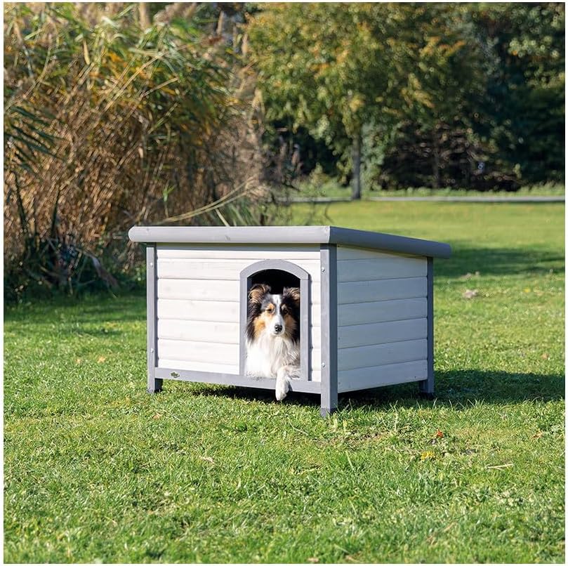 Trixie Natura Classic Dog House - Wooden Outdoor Shelter with Weatherproof Sealer, Hinged Roof & Adjustable Legs for Medium Dogs - Gray - 27 x 41 x 28.5 in