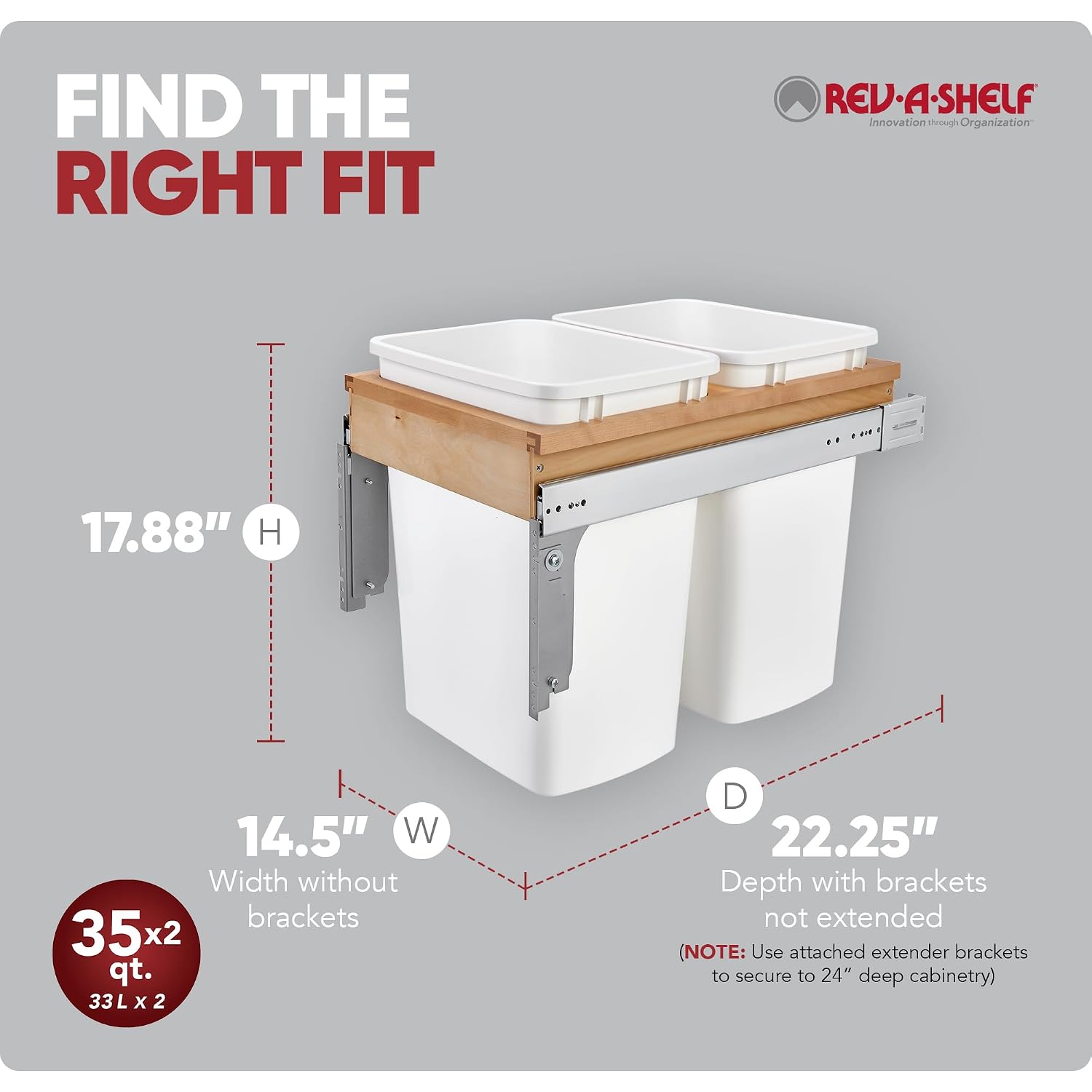Rev-A-Shelf 35 Qt Top Mount Double Pullout Under Cabinet Kitchen Trash Cans for Base Cabinets, 150 Pound Rated Full-Extension Slides, Min Opening Width of 14.5", White, 4WCTM-18DM2-175