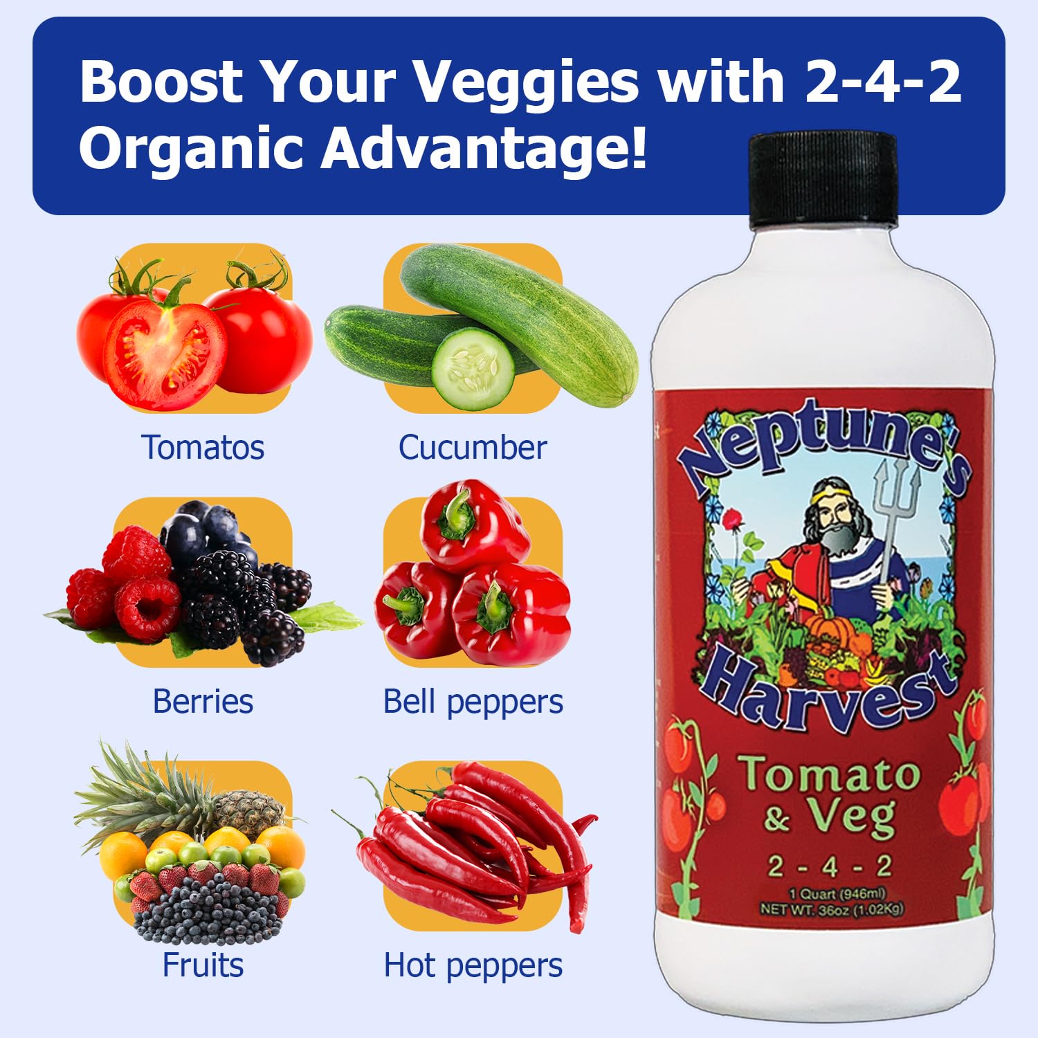 Neptune’s Harvest Organic Tomato & Vegetable Plant Fertilizer (2-4-2) - Liquid Plant Food w/Fresh Fish, Seaweed, Molasses, Yucca Extract, & Humic Acids - for Vegetable Garden (Gallon)