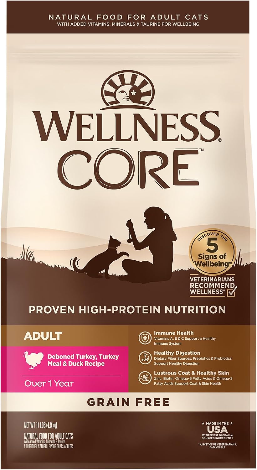 Wellness CORE+ Adult Dry Cat Food for Indoor Cats, Natural, Grain Free Kibble, Chicken, Turkey and Chicken Meal Recipe, 5 lb Bag