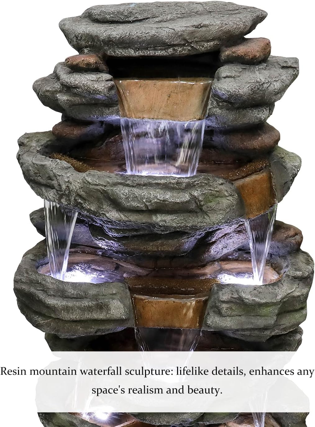 SunJet 40.5” High Rocks Outdoor Water Fountain - 6-Tiers Cascading Waterfall with LED Lights, Soothing Tranquility for Home Garden, Yard Decor