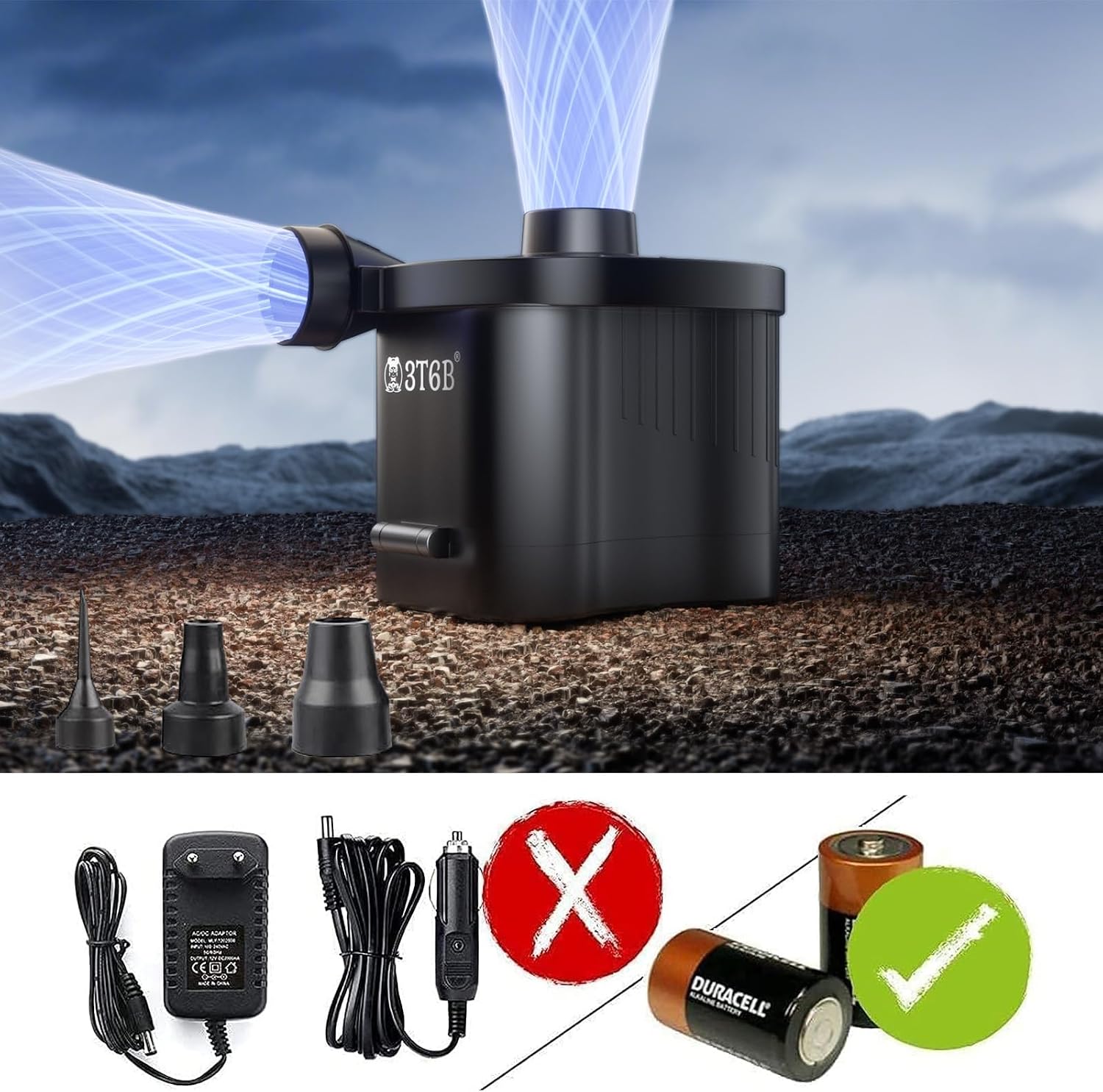 Electric Air Pump for Inflatables, Battery Powered Wireless Air Pump for Mattress with 3 Nozzles