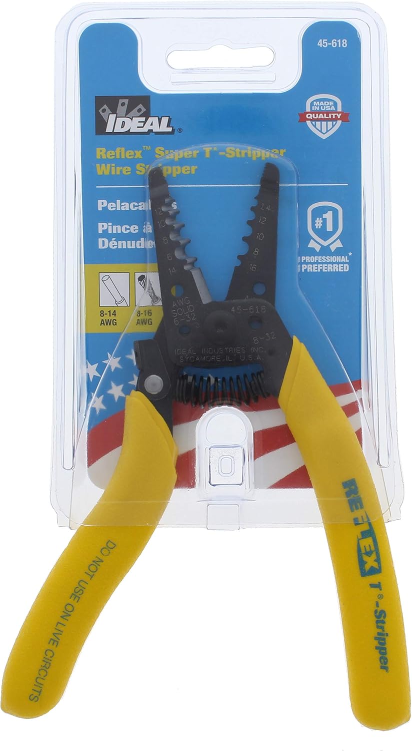 IDEAL Electrical Reflex Super T-Stripper Wire Strippers, 8–16 AWG Solid, 10–18 AWG Stranded, Ergonomic Wire Cutter and Stripping Tool with Textured Sleeves, Locking Handle