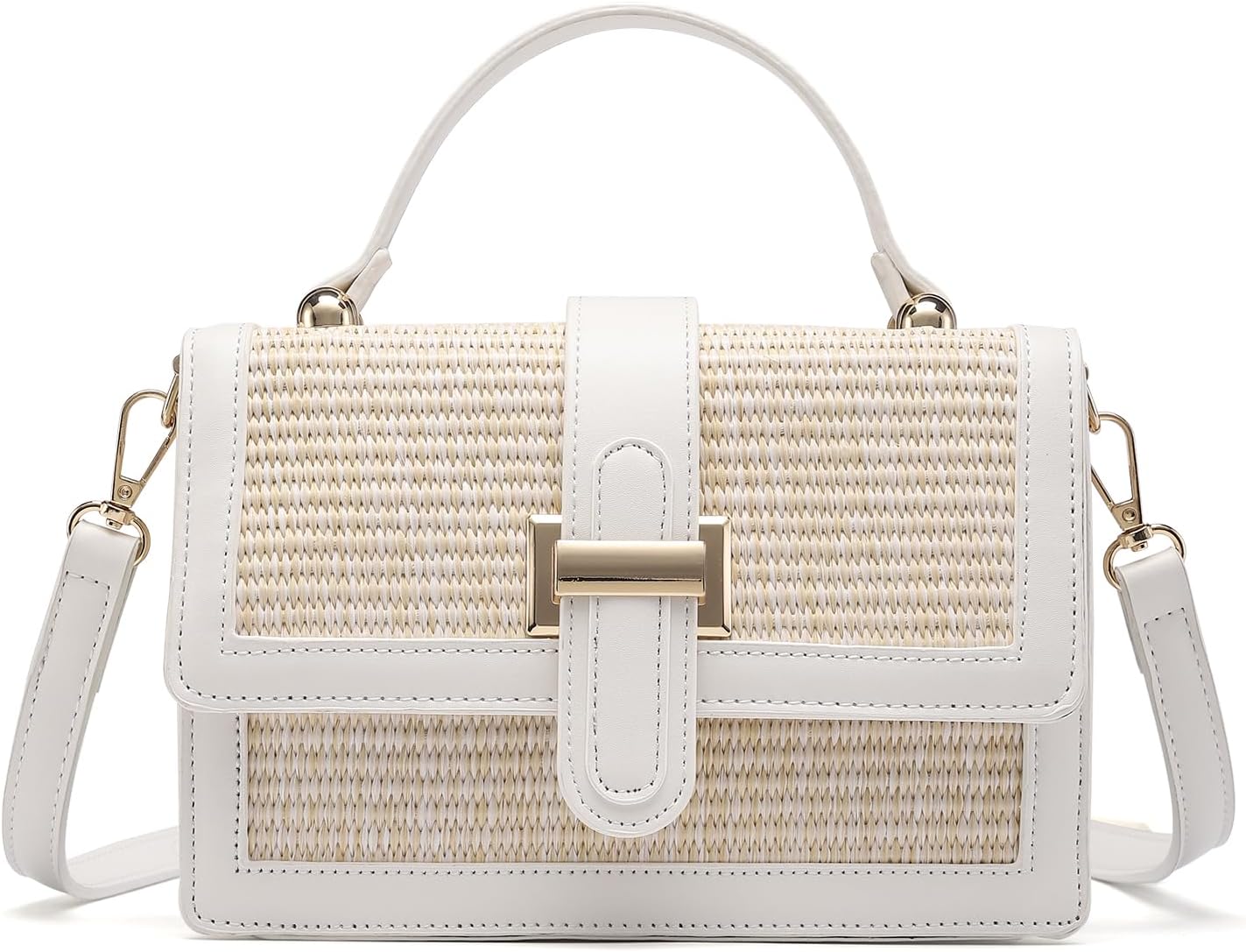Straw Crossbody Bag, Vegan Leather Patchwork Summer Purse with Top Handle, Small Woven Bag for Beach & Wedding