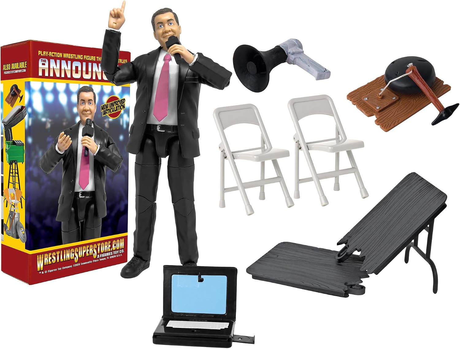 Talking Ring Announcer & Accessory Set for Wrestling Action Figures | Bring Events to Life with a Talking Ring Announcer, Breakable Table, Chairs