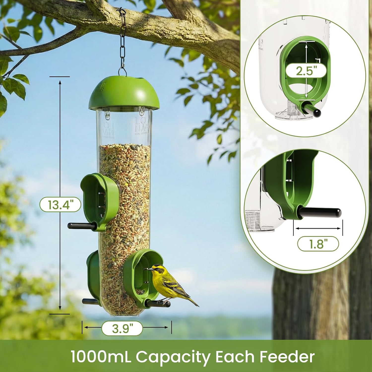LONA Bird Feeders for Outdoors, Tube Feeder Weatherproof with Multiple Hanging Methods, Wild Bird Feeding Silo for Outside, 3 Port