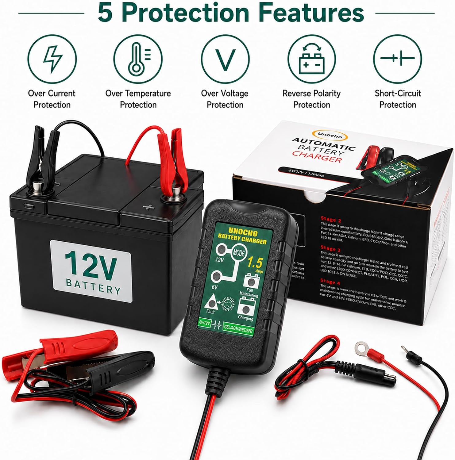 Unocho 6V/12V Battery Charger Maintainer 1.5A Automatic Trickle Charger Smart Float Charger for Car Motorcycle Lawn Mower Boat ATV Snowmobile