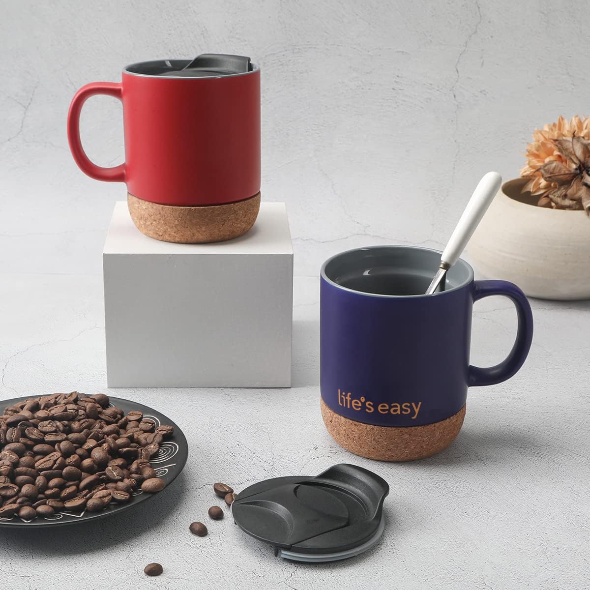 Life's Easy 12 oz Coffee Mug with Insulated Cork Bottom and Push-On Splash-Proof Lid - Black