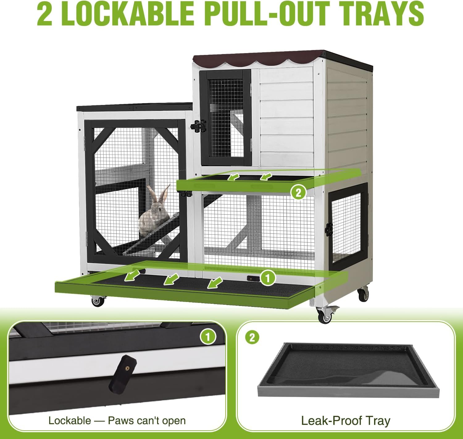Outdoor Rabbit Hutch Indoor Bunny on Wheels Large Guinea Pig Cage with Run for Any Small Animals,Removable Pull Out Tray