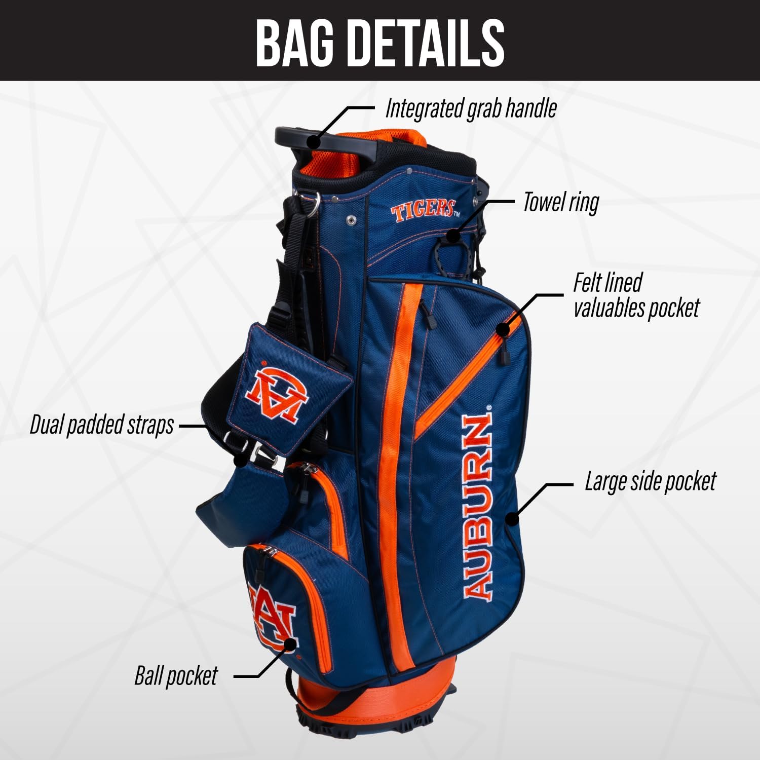Team Golf NCAA Auburn University Tigers Fairway Golf Stand Bag Fairway Golf Stand Bag, Lightweight, 14-way Top, Spring Action Stand