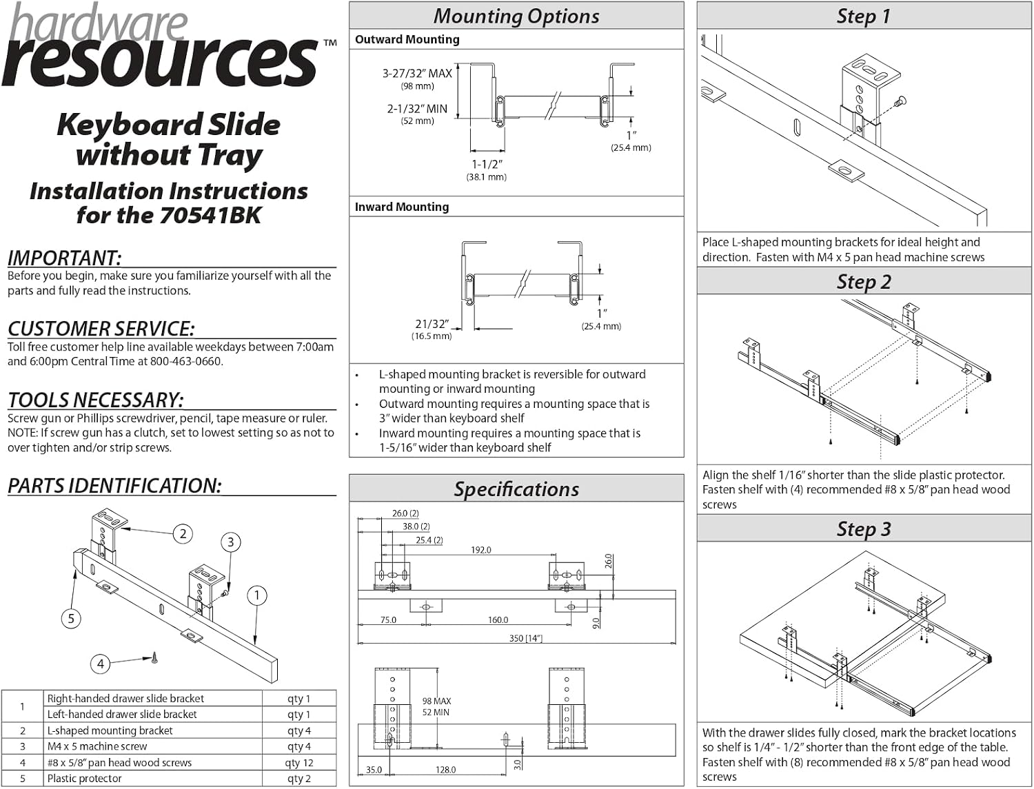 Hardware Resources 14" Keyboard Slide Without Tray, Black