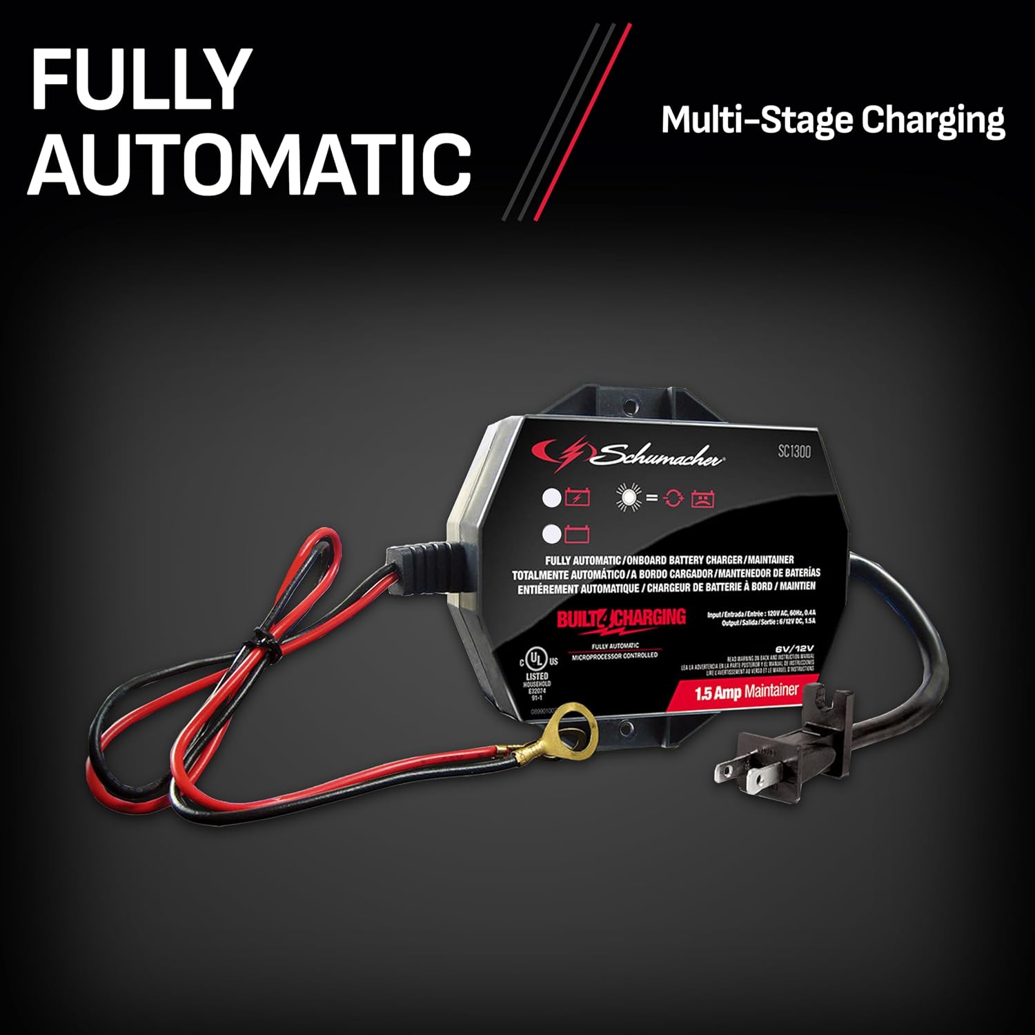 Schumacher Electric 1.5A Car Battery Charger & Maintainer, 6V/12V – SC1300