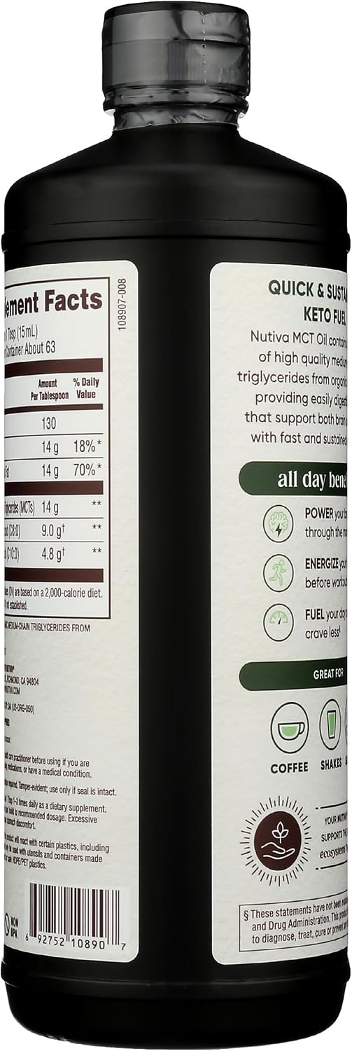 Nutiva Organic MCT Oil, Unflavored, 32 Oz, USDA Organic, Non-GMO, Non-BPA, Whole 30 Approved, Vegan, Gluten-Free & Keto, 14g MCT per Serving & Neutral Flavor for Energy Boost to Coffee, Shakes and Salads