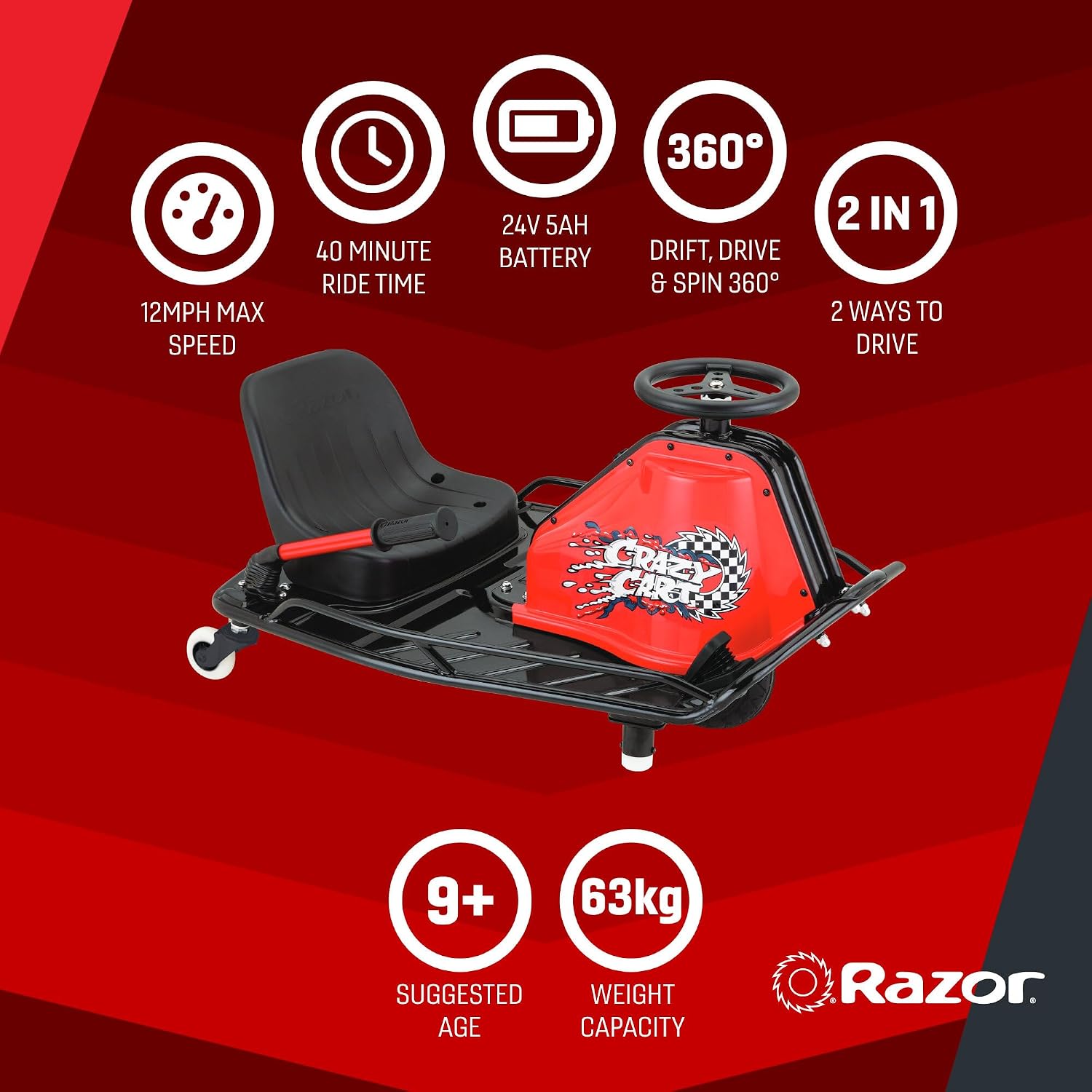 Razor Crazy Cart Sport - 24V Electric Drifting Go Kart, Variable Speed, Up to 12 mph, Up to 40 Minutes of Continuous Use