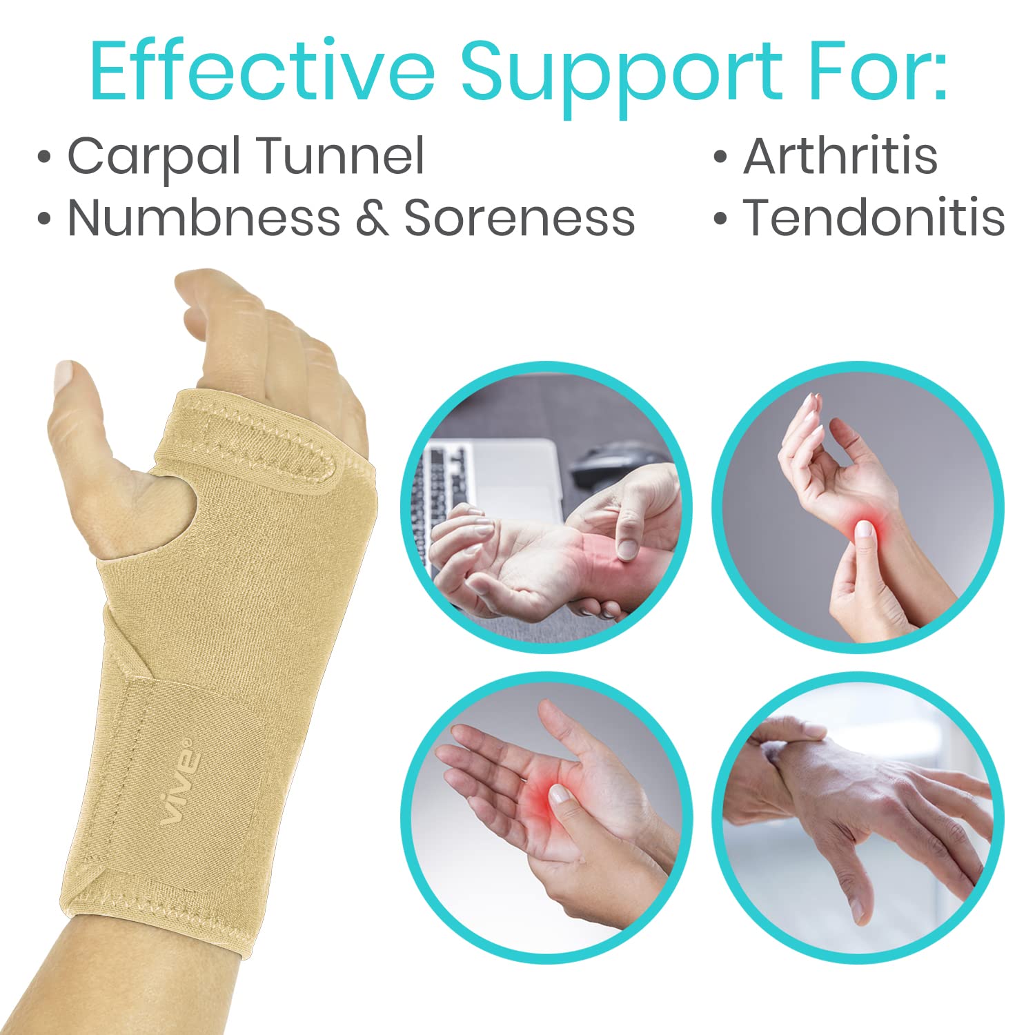 Vive Wrist Brace - Carpal Tunnel Hand Compression Support Wrap for Men | Women, Tendinitis, Bowling, Sports Injuries Pain Relief - Removable Splint - Universal Ergonomic Fit (Black, Right)