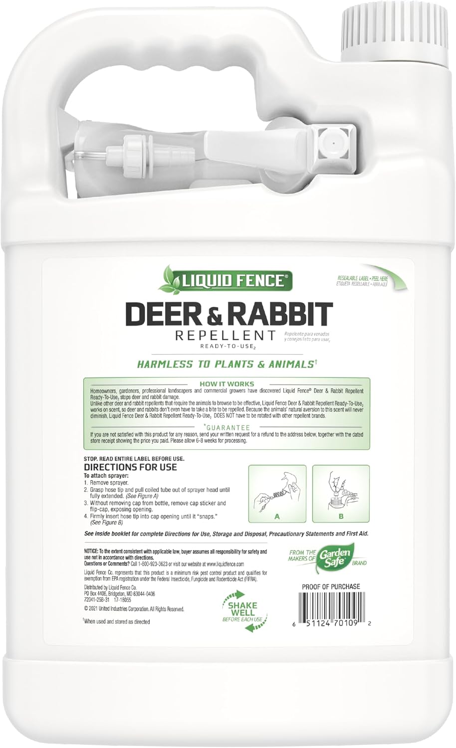 Liquid Fence Deer and Rabbit Repellent Ready-to-Use Spray, 1 Gallon | Use to Treat on Gardens, Flowers, Shrubs, Trees & Vines, Covers up to 2,000 Sq. Ft., Harmless to Plants & Animals
