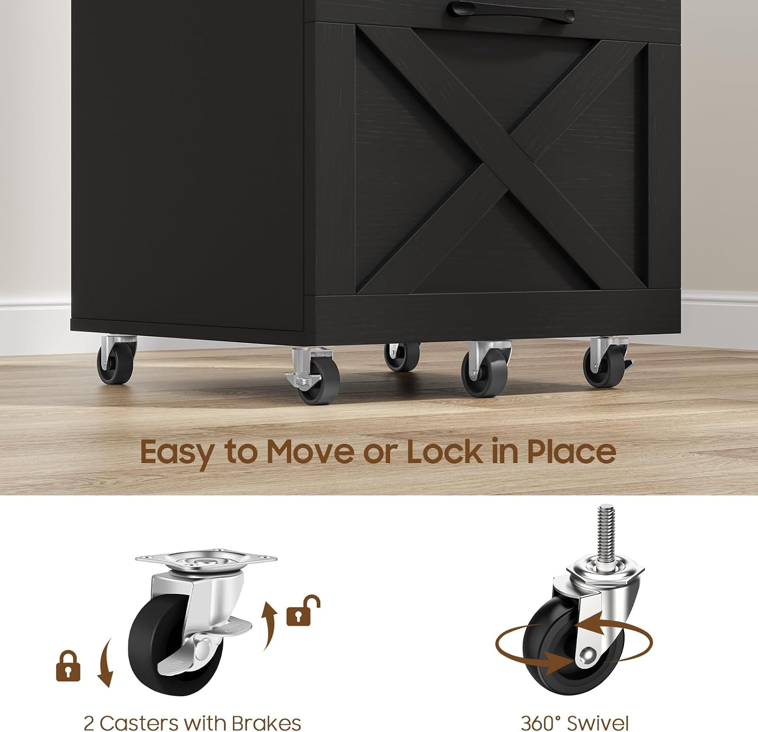 3 Drawers Tall Farmhouse File Cabinet with Wheels for Home Office, Black | Halitaa Vertical Filing Cabinet Fits Letter/A4 Size, Rolling File Cabinet Wooden Printer Stand for Home Office