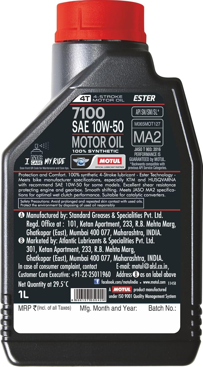 Motul 7100 4T 10W-30 Full Synthetic Motorcycle Oil - Ester Core Technology - API SP JASO MA2 Wet Clutch and DCT Safe - Engine Protection for Honda, Hero, TVS - 4 L