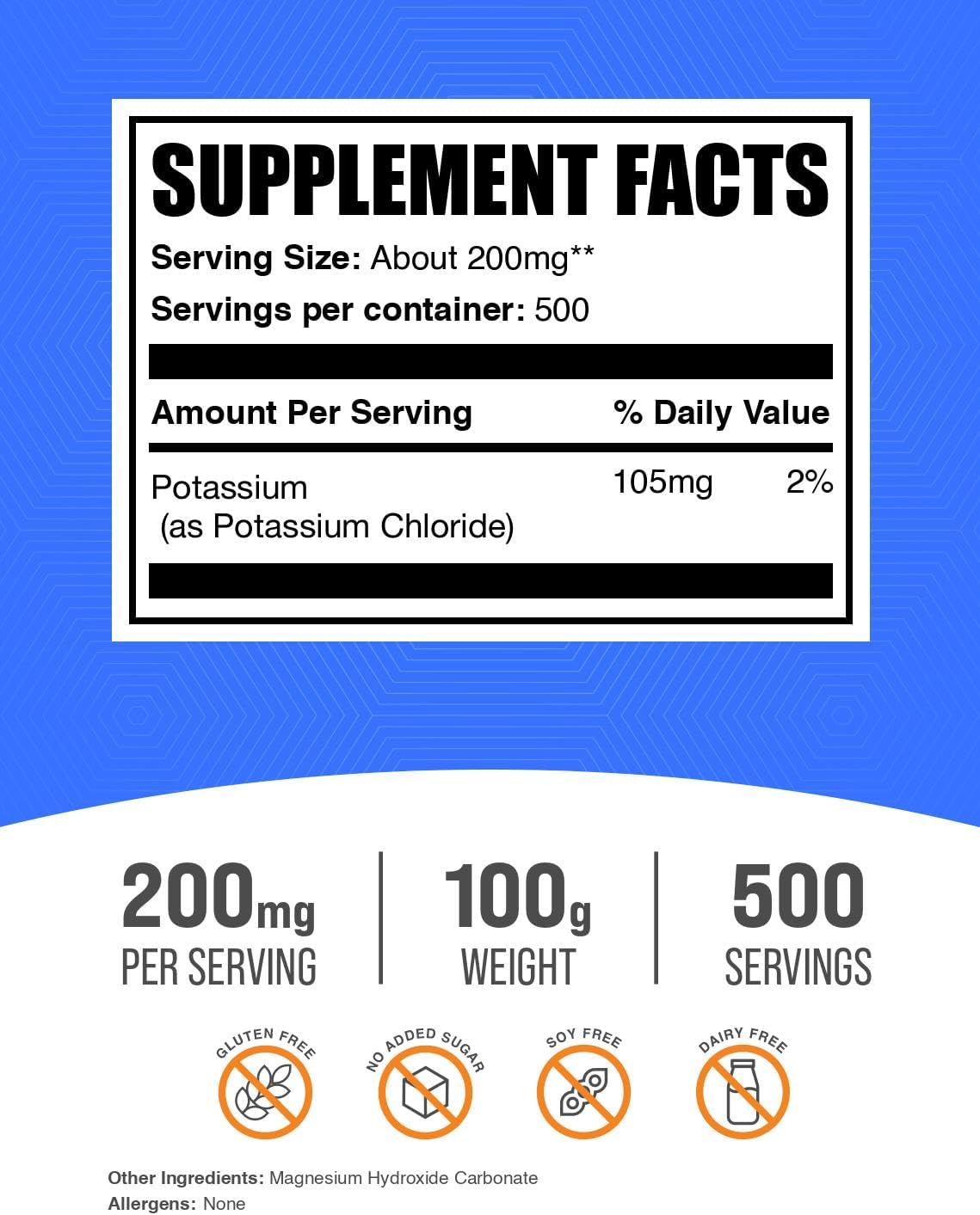 BulkSupplements.com Potassium Chloride Powder - Salt Substitute, Potassium Salt - Gluten Free, 200mg per Serving, 1kg (2.2 lbs) (Pack of 1)
