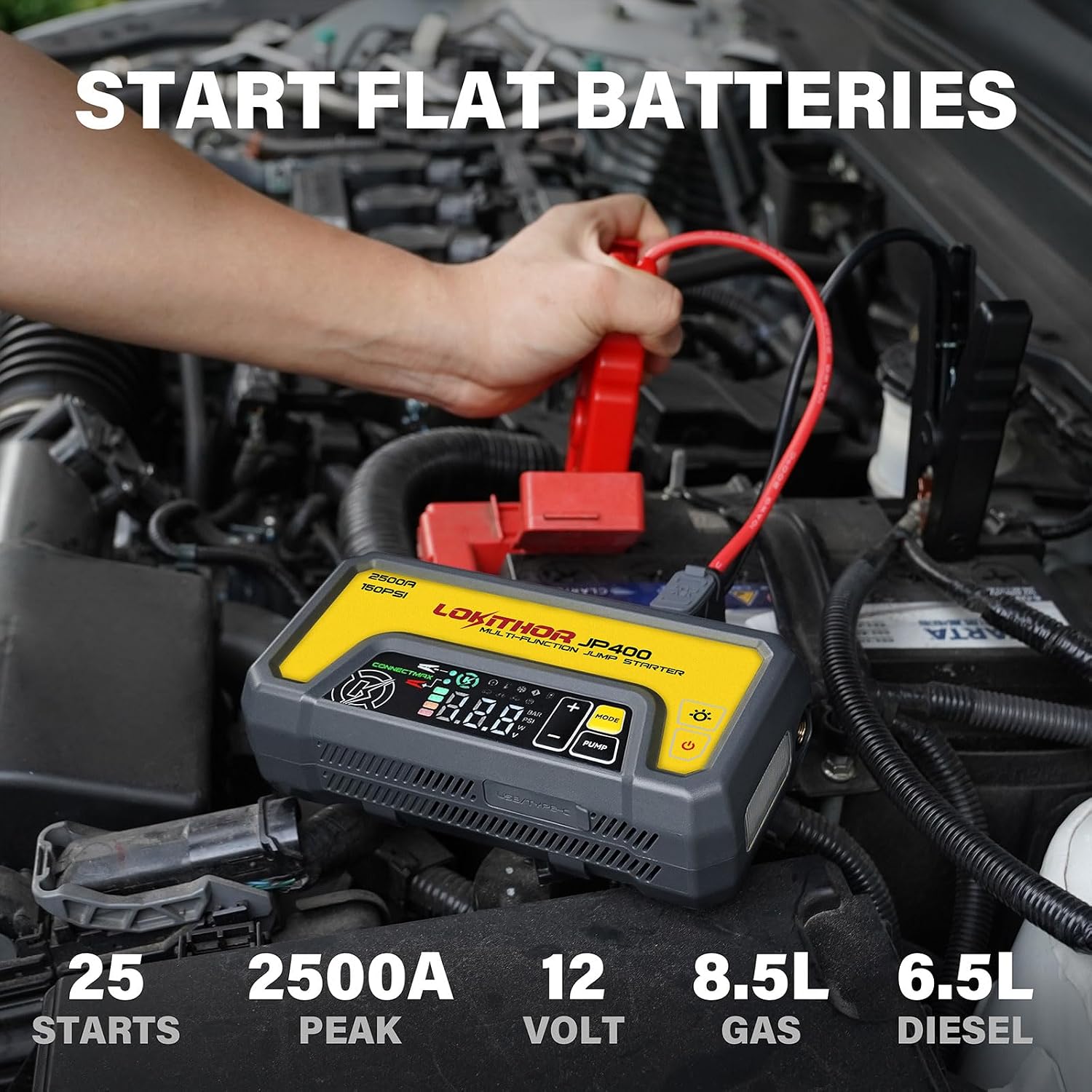 LOKITHOR JP400 Jump Starter with Air Compressor for 8.5L Gas/6.5L Diesel | 2500A 12V Portable Jumper Starter for Car, 150PSI Tire Inflator, 300 Lumen LED Light, Power Bank, ConnectMax, Jumper Cables