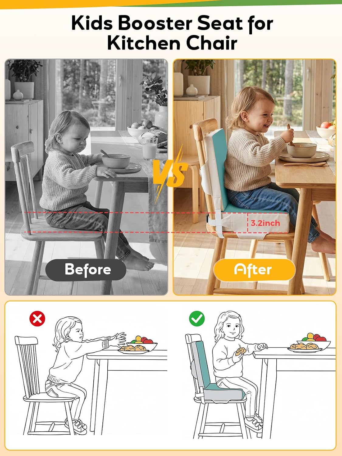Booster Seat for Kitchen Chair - Toddler Booster Seat for Dining Table - PU Washable Double-Safety Straps with Buckle