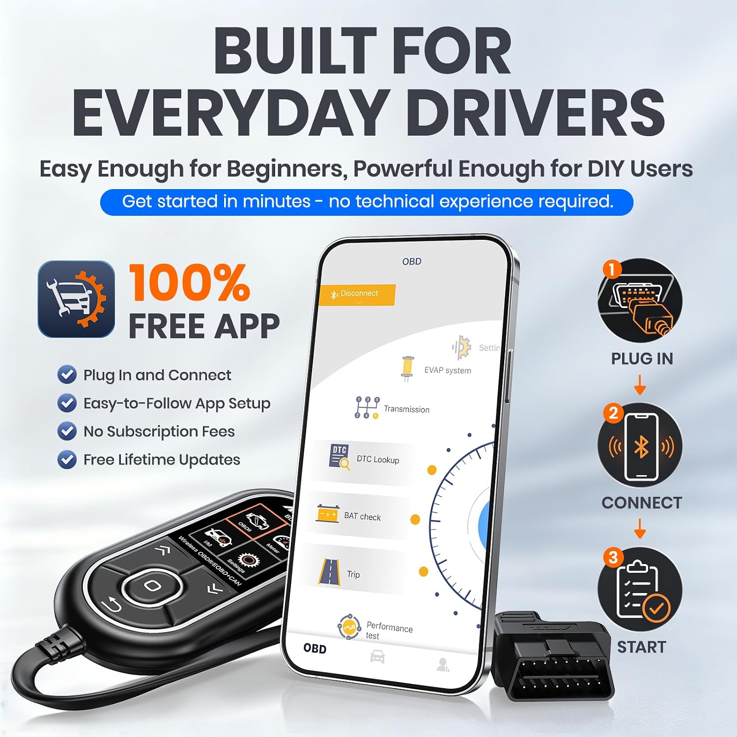 ANCEL BD310 Bluetooth OBD2 Scanner, 2-in-1 Car Diagnostic Scan Tool & Code Reader with App, Battery Test, Trip Analysis, Performance Test