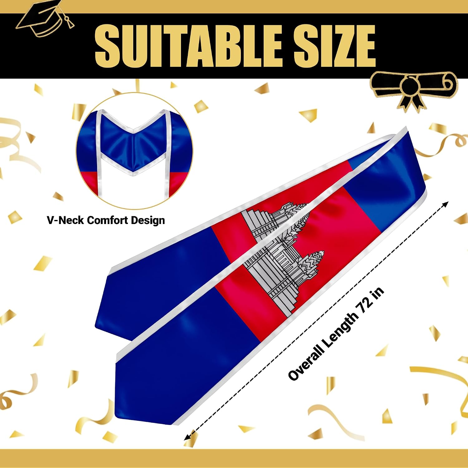 YOXEULL National Flag Embroidered Graduation Stole with Trim, Graduation Sash Graduates Gift, 72"