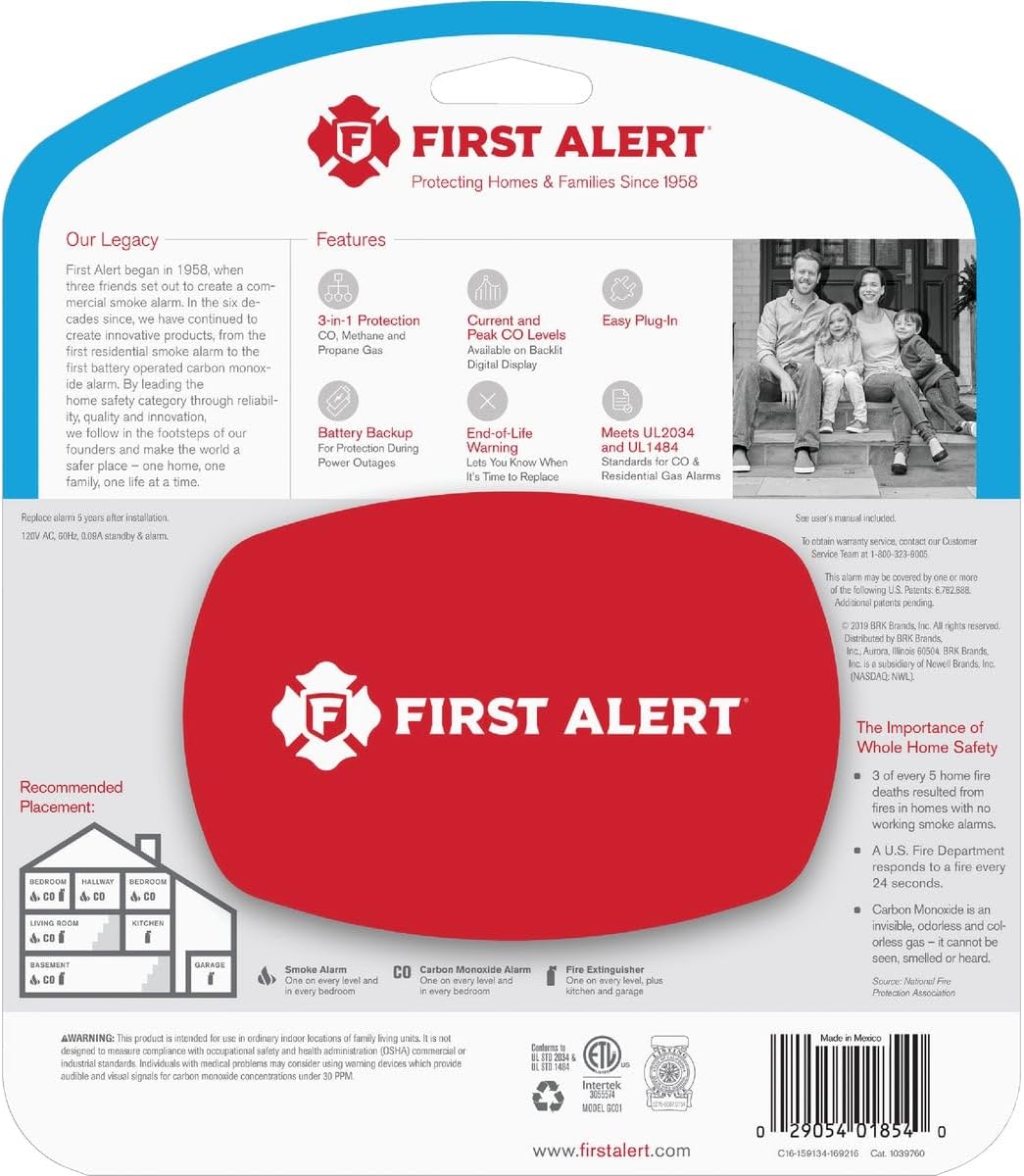 First Alert Plug in Combination Explosive Gas & Carbon Monoxide Alarm | GCO1CN With Digital Display and 9V Battery Backup