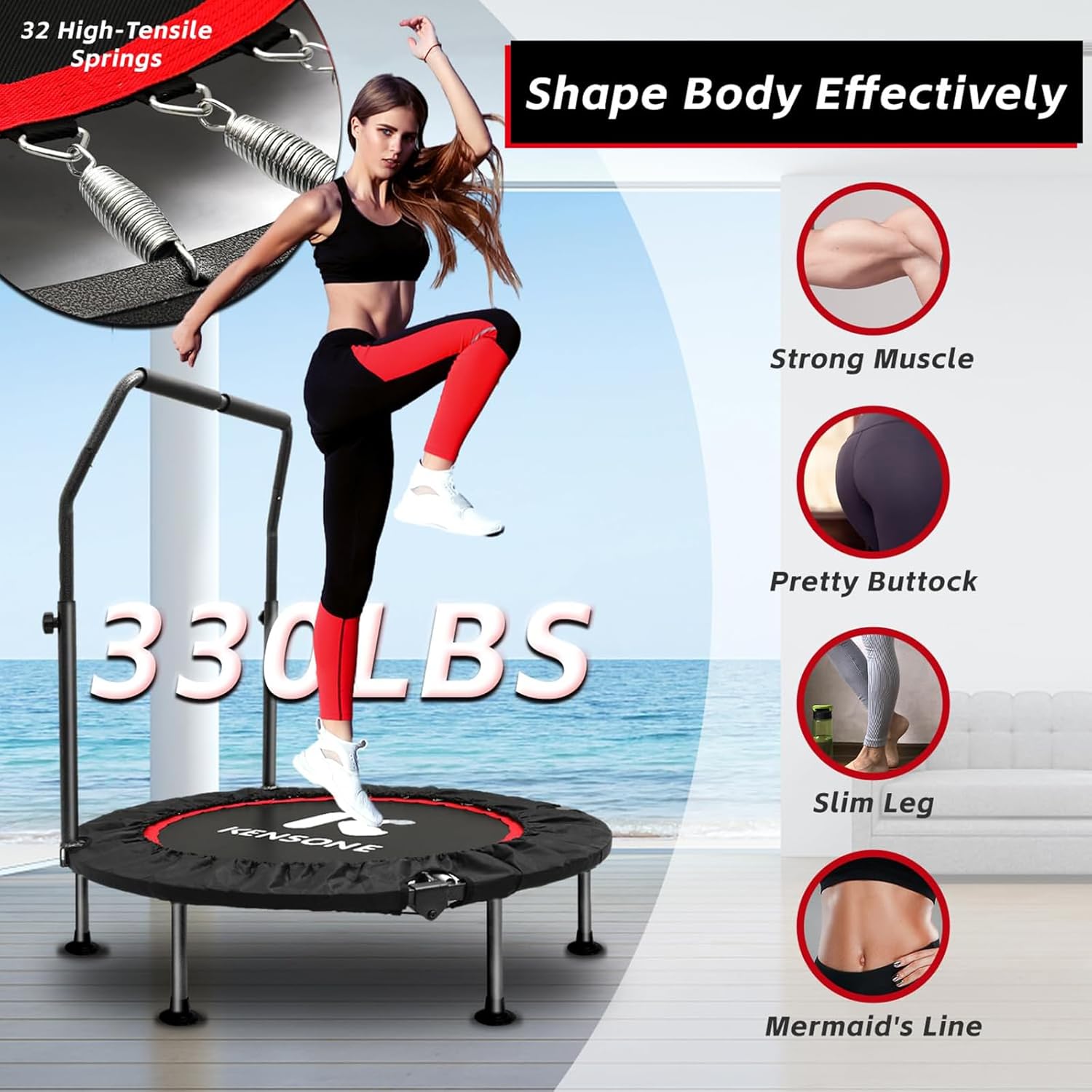 KENSONE 40"/48" Rebounder Trampoline for Adults Indoor Handle 330/450 LBS