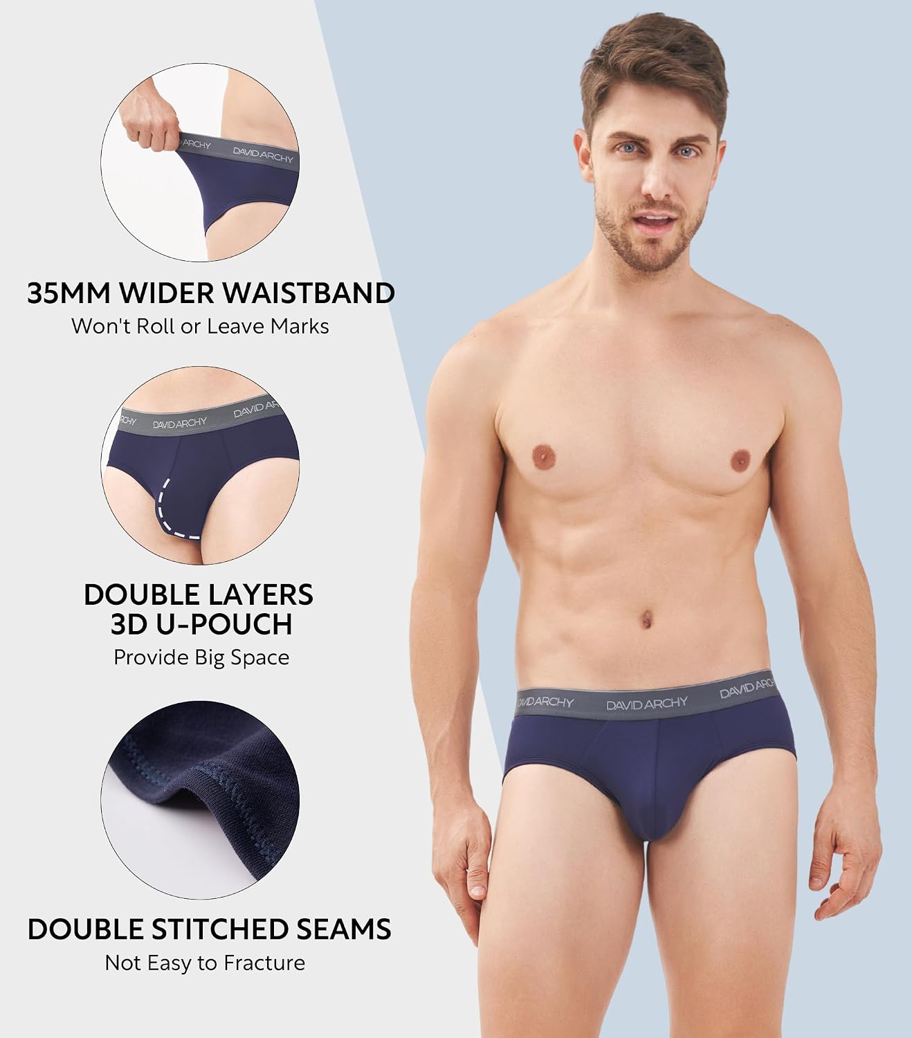 DAVID ARCHY Men's Breathable Support Pouch Underwear Briefs 4 or 7 Pack | Cooling moisture-wicking no-fly Rayon made from bamboo features anti-roll elastic waistbands and vibrant fade resistance.