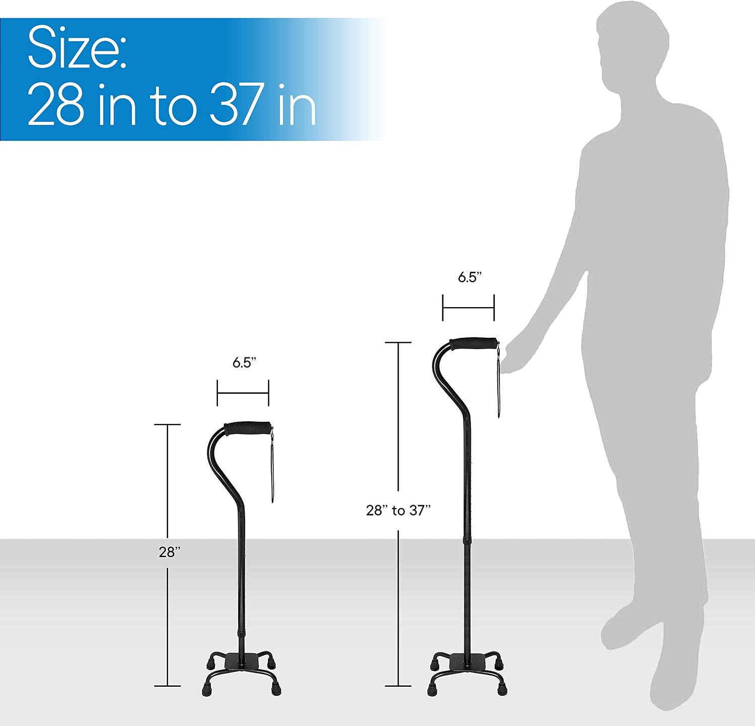 RMS Quad Cane - Adjustable Walking Cane with A Large Four-Pronged Base for Extra Stability - Foam Padded Offset Handle for Secure & Comfort Grip