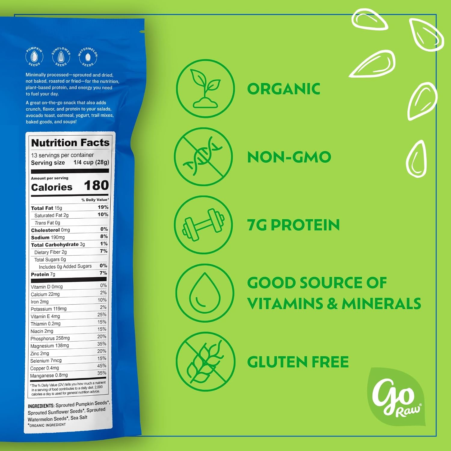 Go Raw Organic Sprouted Pumpkin Seeds - Sea Salted Pepita Snack | Keto, Non-GMO, Vegan, Gluten-Free, Kosher, Paleo, Protein-Packed Superfood, Healthy Vegan Snack for Adults and Kids, 14oz Bag