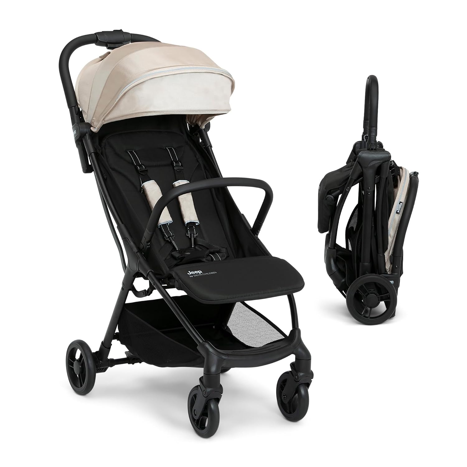 Jeep Altitude Compact Travel Stroller by Delta Children Greenguard Gold, Easy One Hand Fold, Lightweight, Extendable Canopy with Peek-a-Boo Window, Reclining Seat, 4 Wheel Suspension, Olive Green
