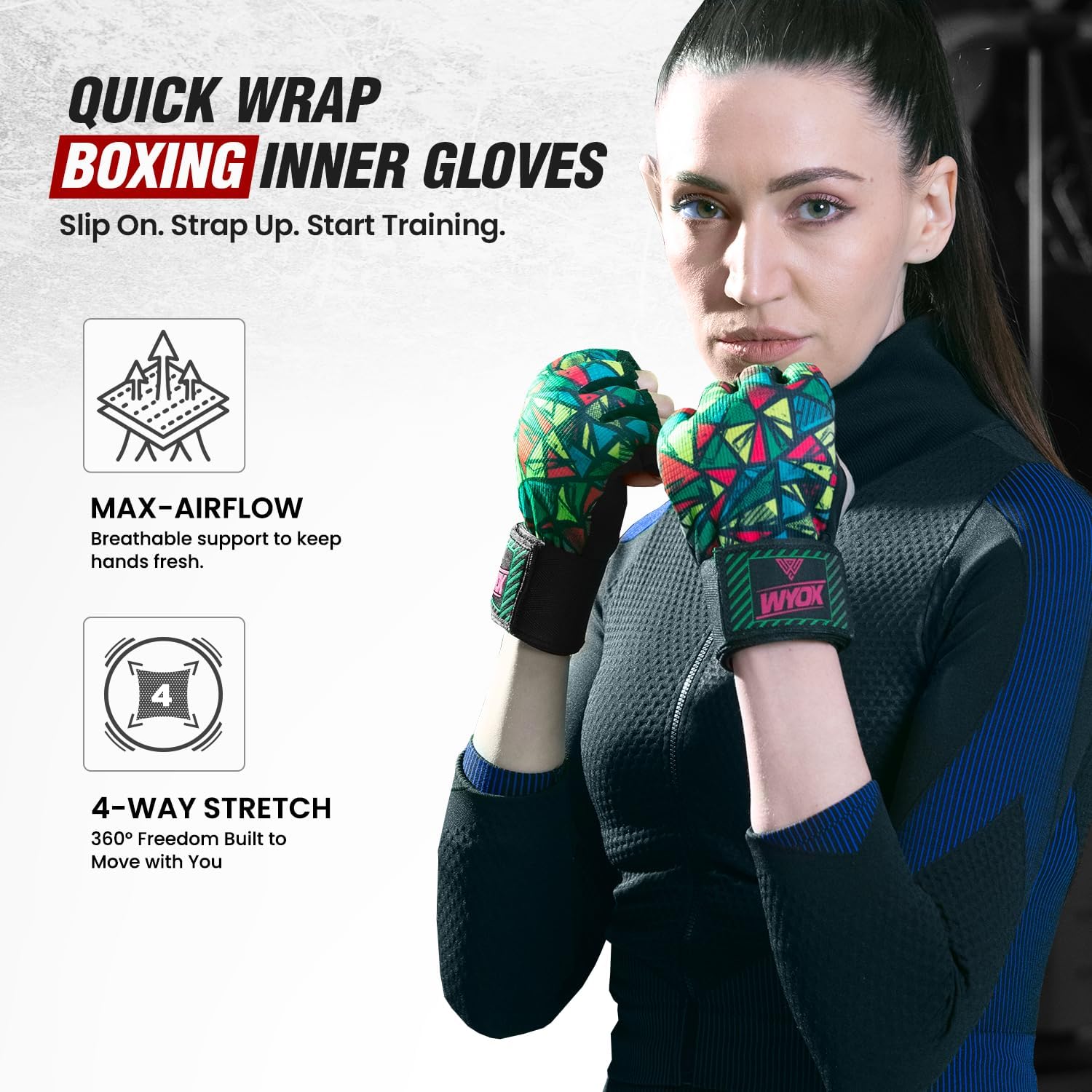 WYOX Neoprene Gel Boxing Hand Wraps Inner Gloves for Men & Women – 80cm/31in Quick Wrist Strap, Padded Knuckle Protection