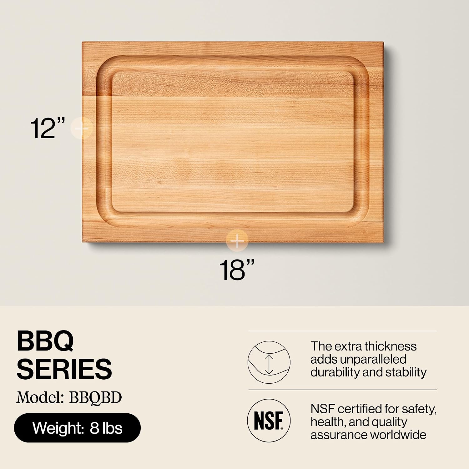 John Boos BBQ Series Rectangular Wooden Maple Cutting Board 18”x12” – 1.5” Thick, 8.5-lb Reversible Butcher Block with Juice Groove