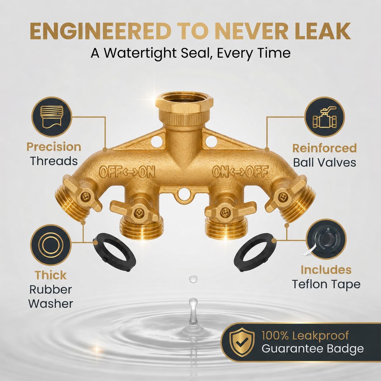 Brass Heavy-Duty Garden Hose Water Splitter | LEAD-FREE 2-Way Y Splitter for Water Spigot & Faucet | Manifold Connector ON/OFF Valves w/Improved Comfort Grip, 3 Extra Washers & Teflon Tape