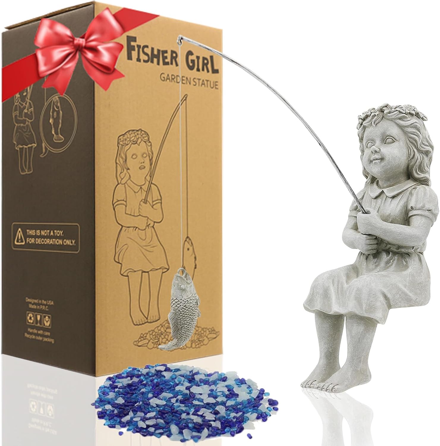 Goodeco Fisherboy Statue Garden Decor - 11" Little Fishing Guy for Koi Pond or Waterfalls, Poolside Statue with Glow in Dark Pebbles Included