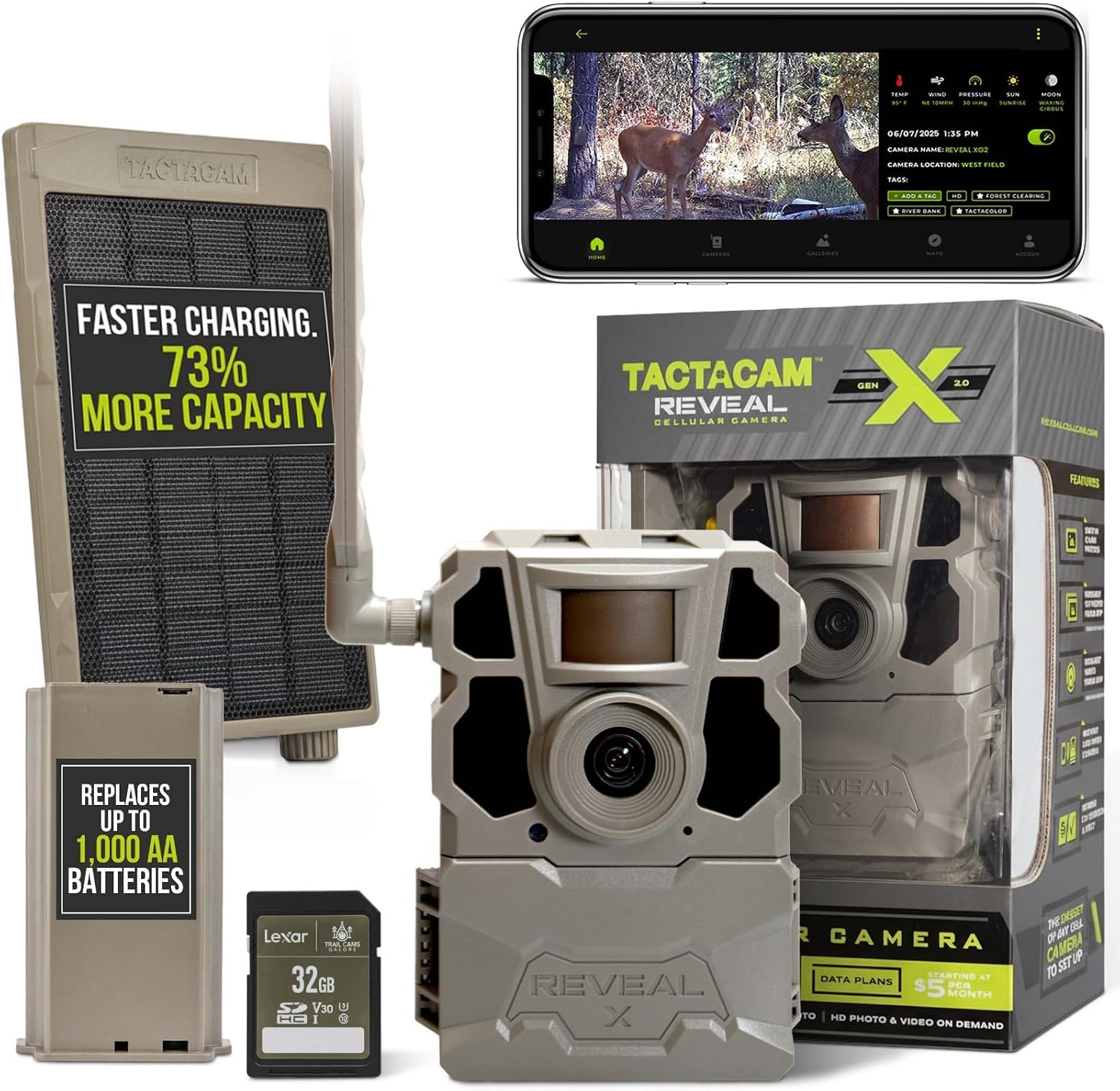 TACTACAM Reveal X Gen 2.0 LTE Cellular Trail Camera + Solar Panel + Lipo Lithium Battery Pack + 32GB SD Card