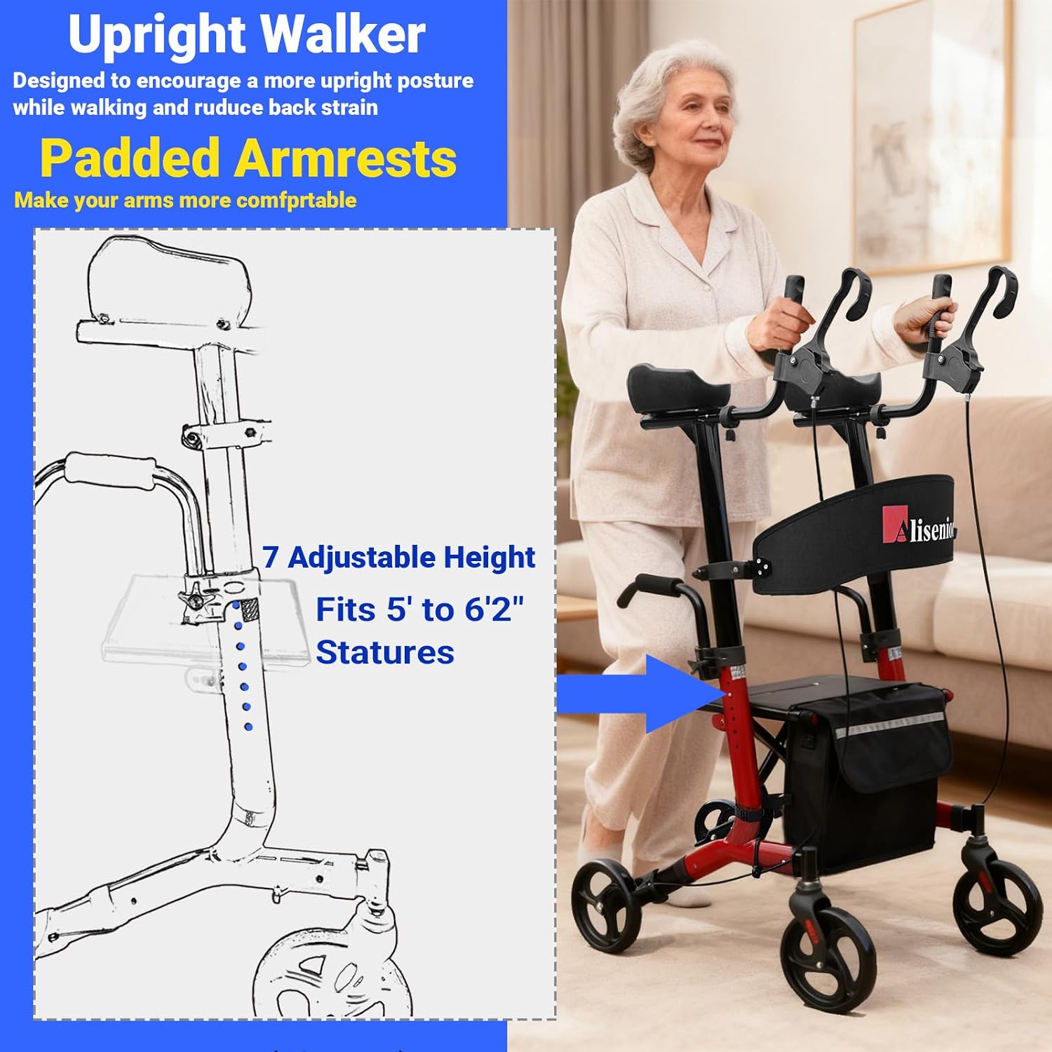 Aliseniors Upright Walker for Seniors - Big Stand Up Walker with Wide Seat, Foldable 4 Wheel All-Terrain Rolling Walker, Adjustable Armrests, 300lbs, Improves Posture & Reduces Back Strain | 20.6" Wide Seat, Foldable Rollator, 8" All-Terrain Wheels, Adju…