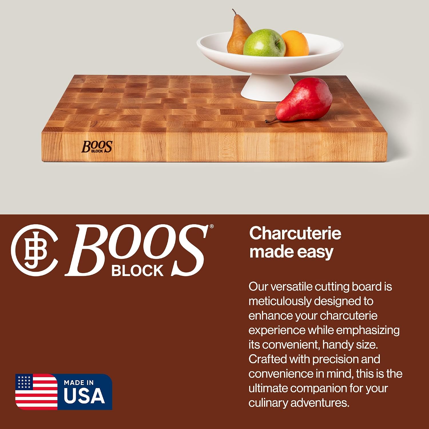 John Boos CCB Series Square Wooden Maple Cutting Board 18”x18” – 2.25” Thick, 22-lb Reversible Butcher Block with End-Grain & Finger Grips – Made in the USA