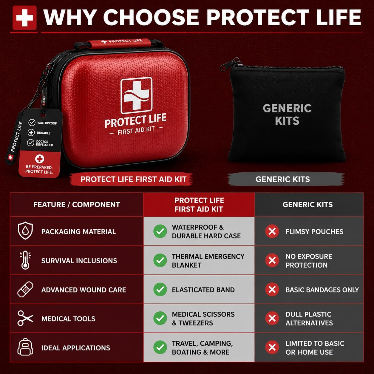 Protect Life Travel First Aid Kit for Car - Small Mini Emergency Kit, 100 Piece Waterproof First Aid Kit for Home, Camping, Boat & Hiking - Includes Emergency Blanket & First Aid Guide