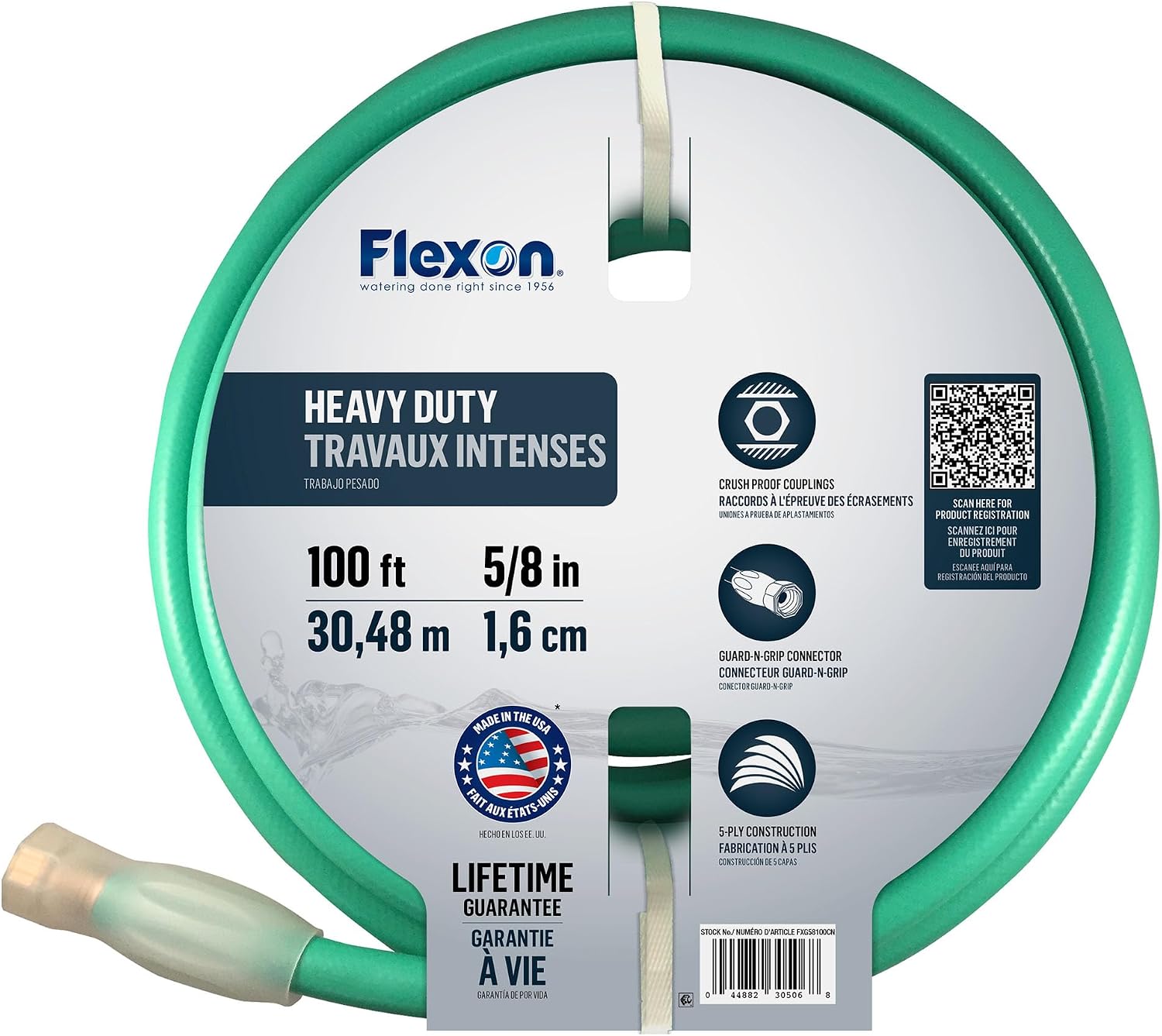 Flexon FXG58100 5/8-Inch x 100-Foot Heavy Duty 5-Ply Forever Garden Hose, Green