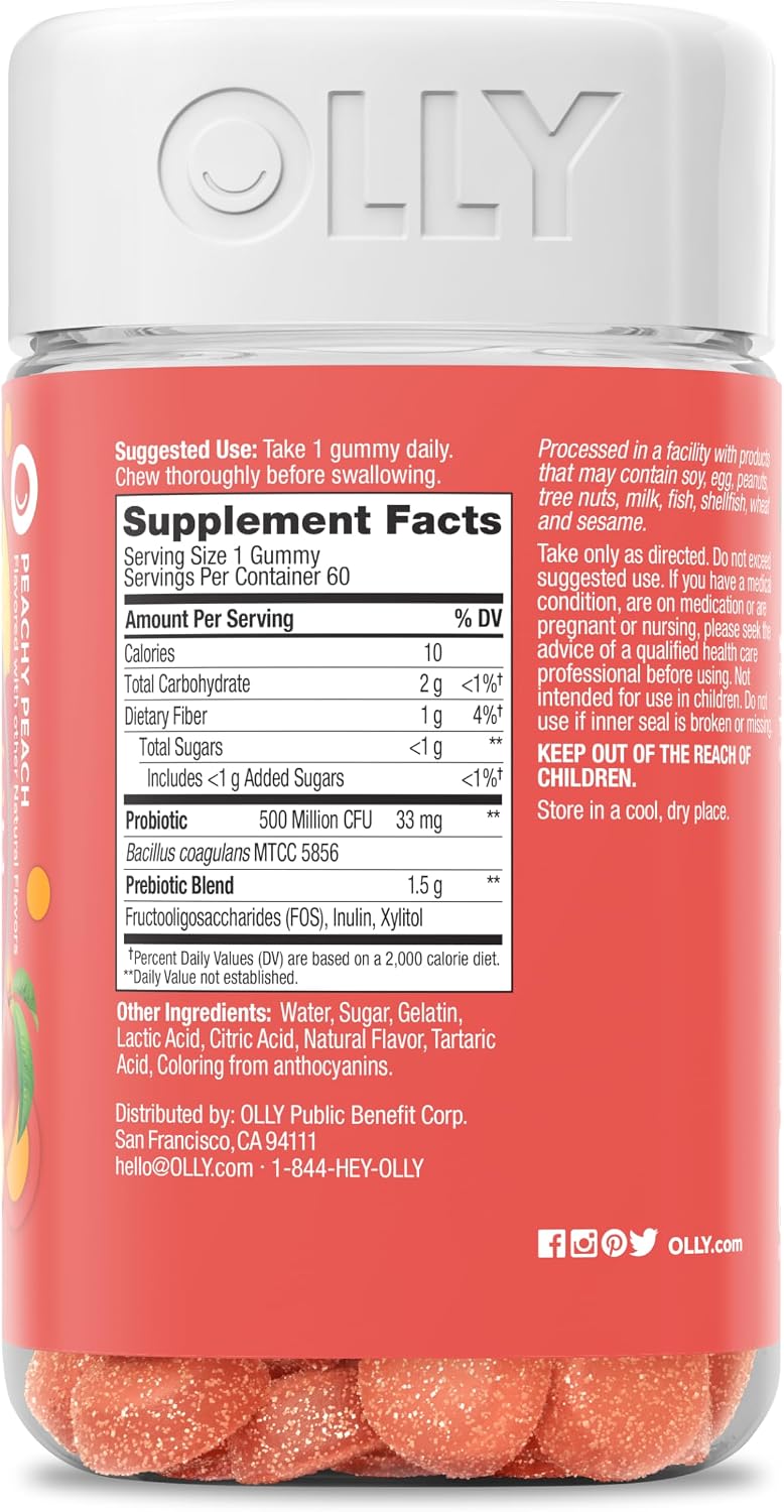 OLLY Probiotic + Prebiotic Gummy, 500 million CFUs, Peachy Peach - 30 Count