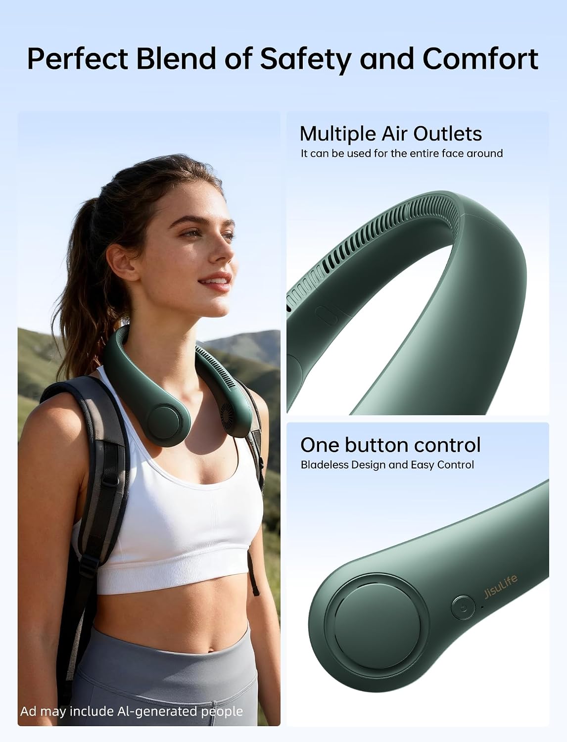 JISULIFE Portable Neck Fan, Hands-Free Bladeless, 5 Speeds, 4000 mAh
