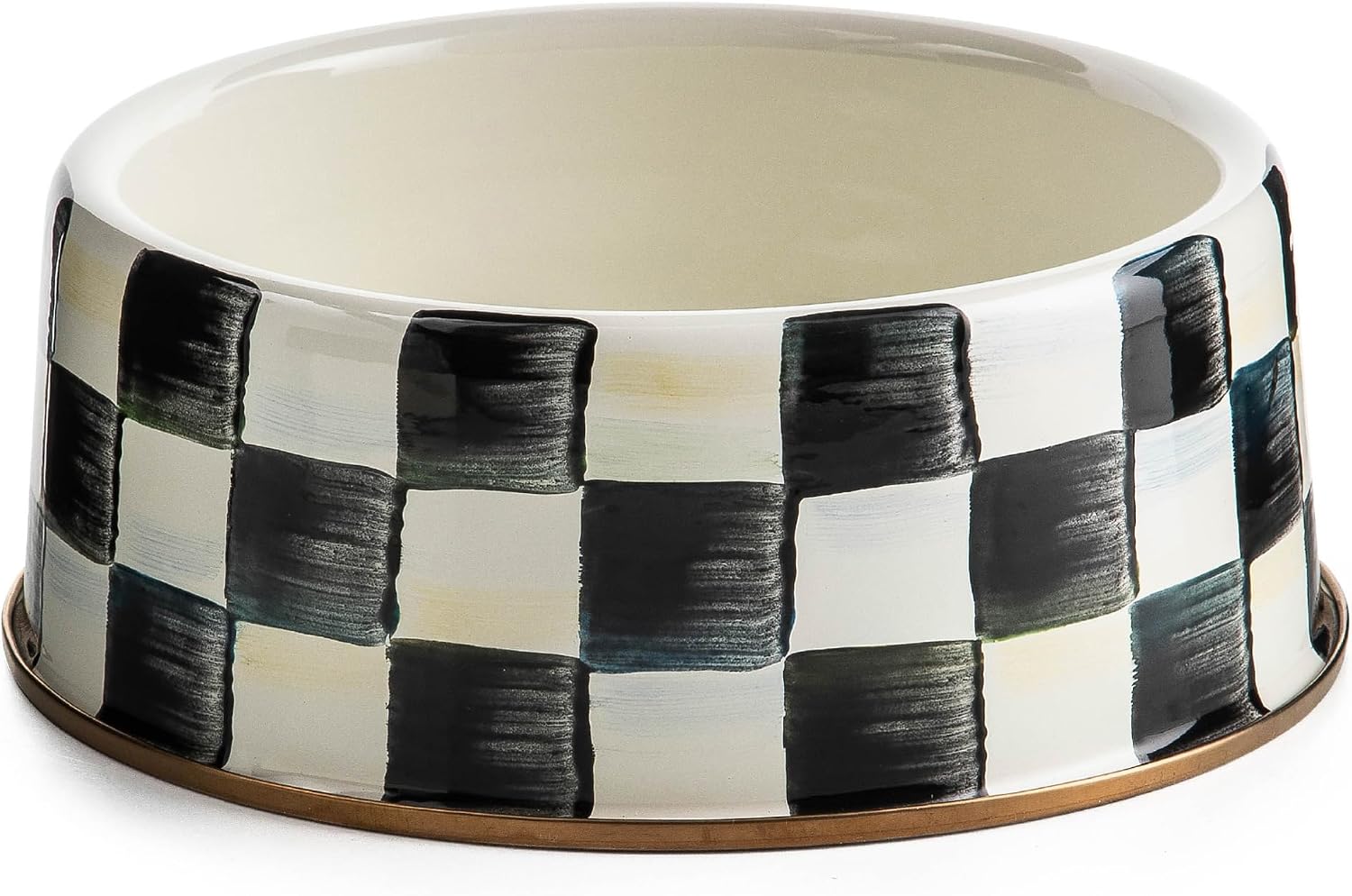 MACKENZIE-CHILDS Enamel Pet Dish, Large, Black-and-White Courtly Check | Decorative cat and dog bowl for food and water, 40-ounce capacity
