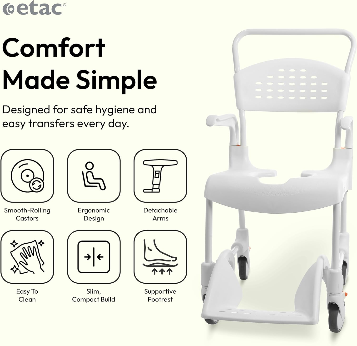 Etac Clean 24" Self-Propelled Shower Chair with Wheels - 21 3/4 Inch Fixed Height with 24 Inch Rear Wheels - Shower Wheelchair for Elderly and Disabled - Movable Armrest & Ergonomic Footrest