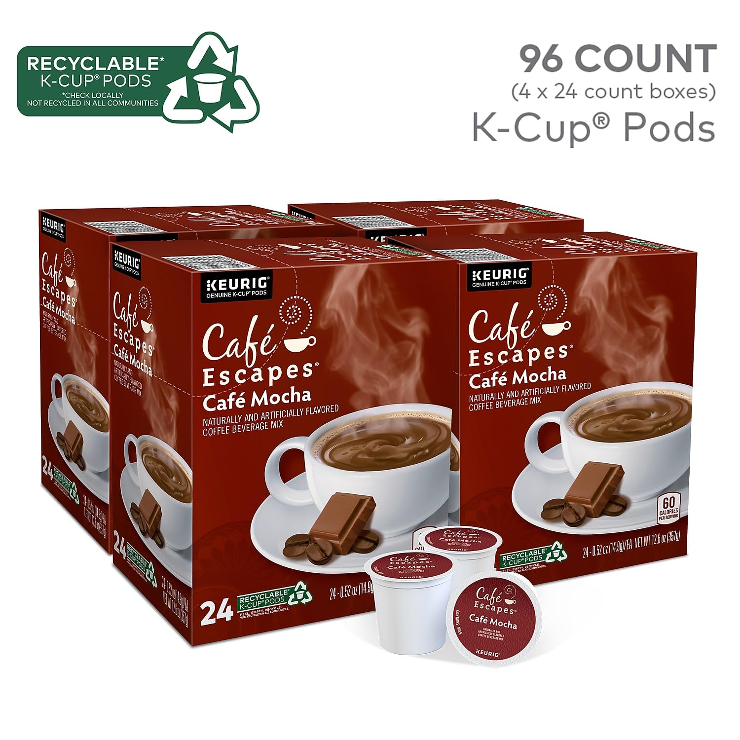 Cafe Escapes, Cafe Mocha Coffee Beverage, Single-Serve Keurig K-Cup Pods, 48 Count (2 Boxes of 24 Pods)