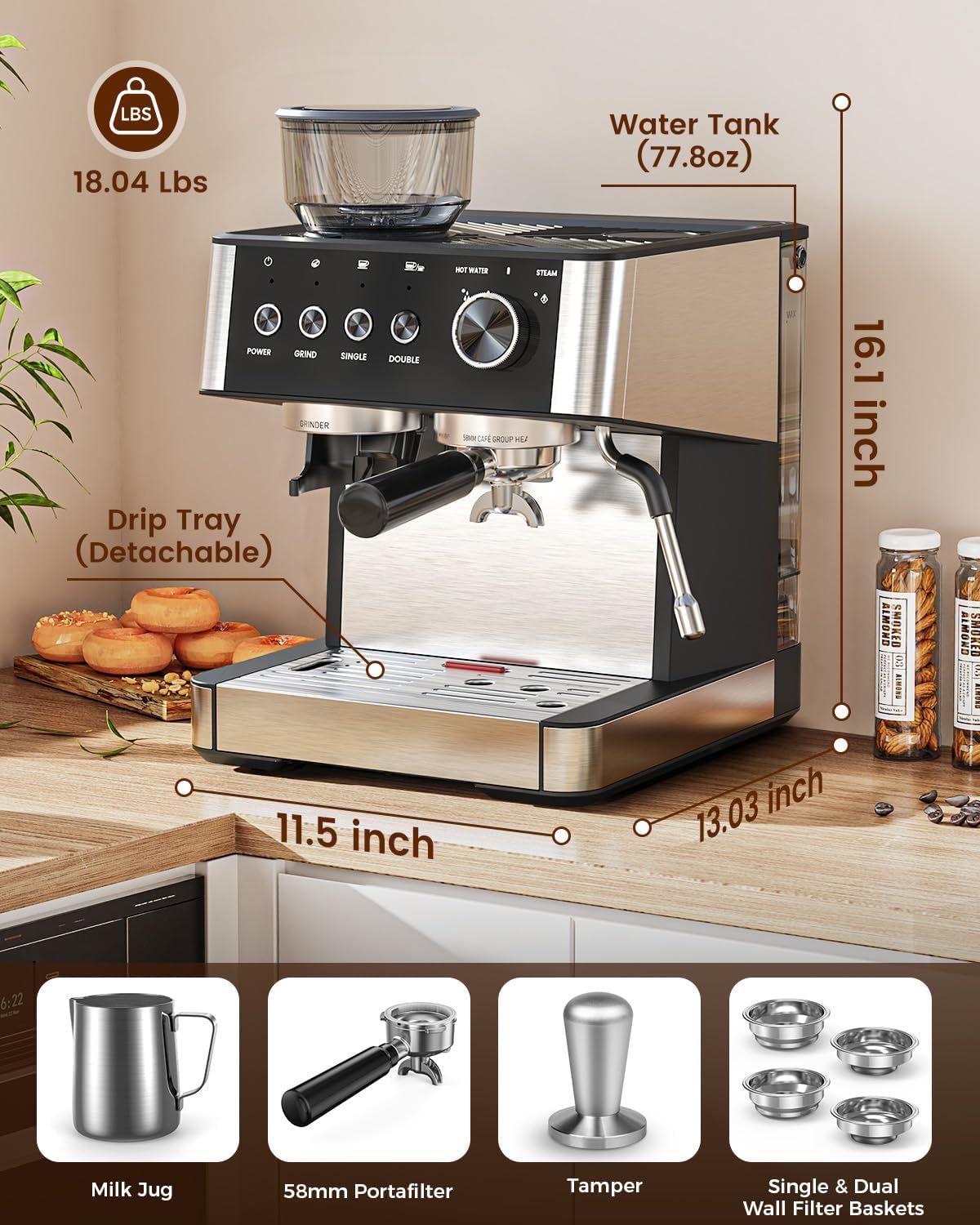(2026 Upgrade) Espresso Machine with Grinder, 15 Bar Expresso Coffee Machines, Professional Coffee Maker for Latte&Cappuccino with Milk Frother, Expresso Machines for Home Descaling Kit Included White