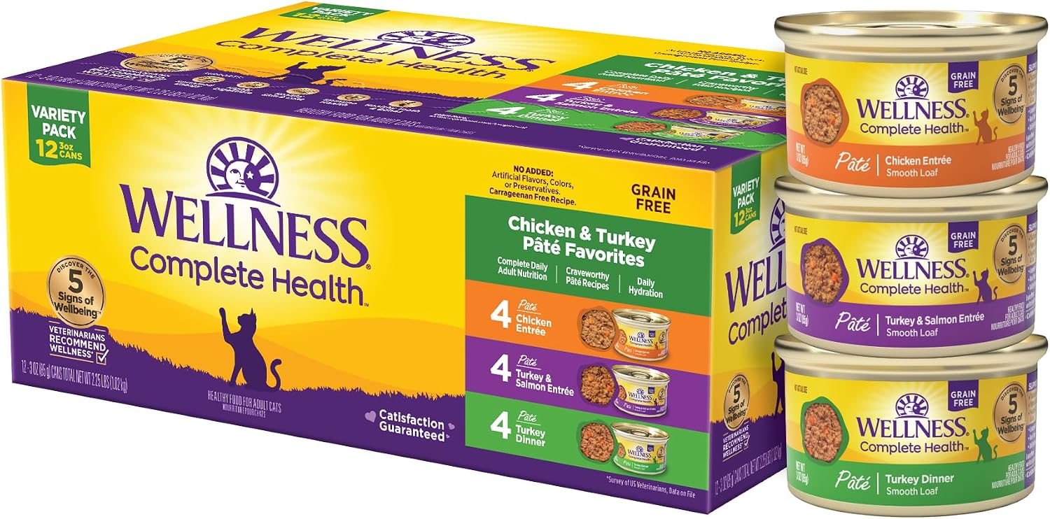 Wellness Complete Health Pate Variety Pack Adult Canned Wet Cat Food, Natural, Protein Rich, Grain Free, Chicken and Turkey Favorites, 3 oz