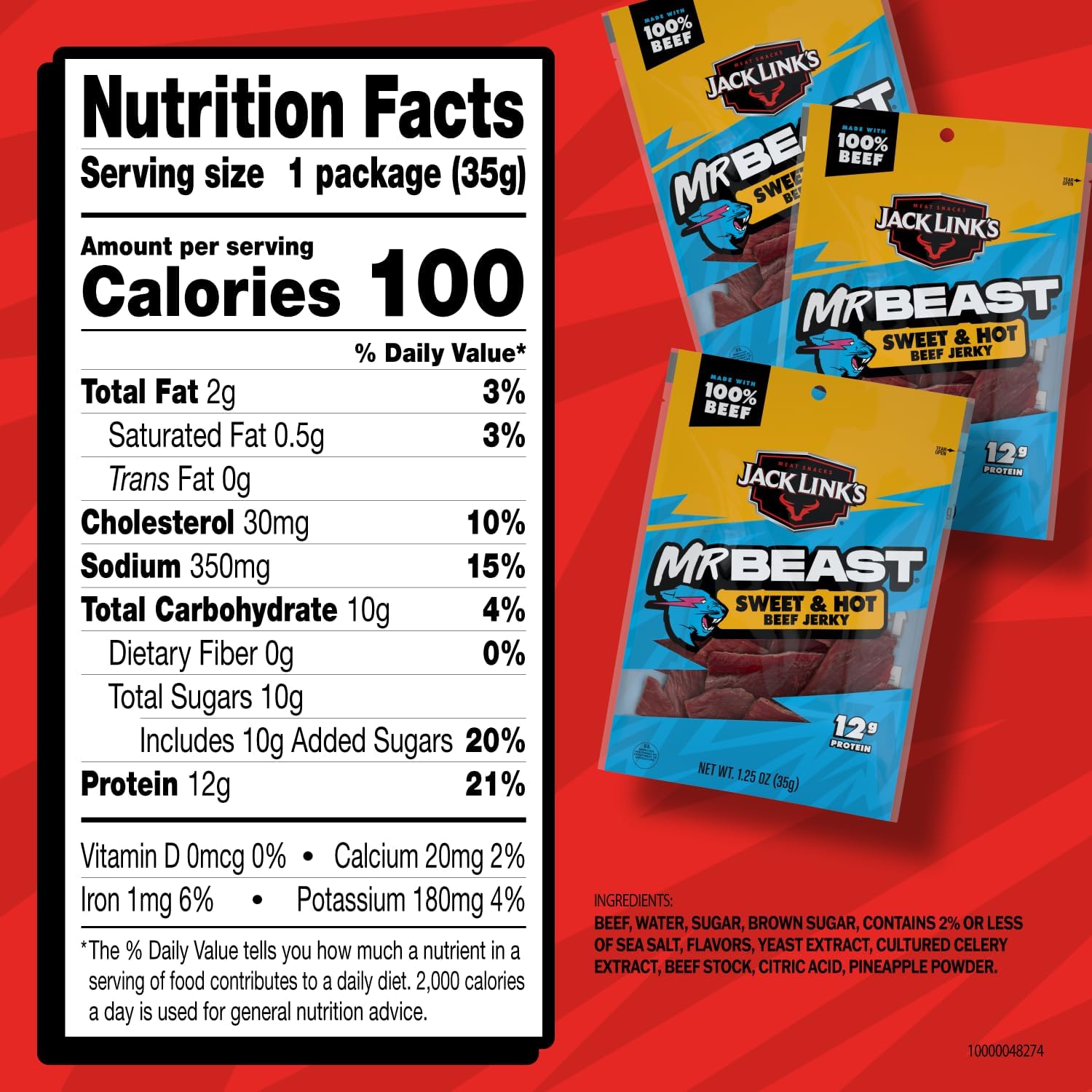 Jack Link's MrBeast Beef Jerky, Peppered Beef Jerky - 10 Count | As Seen on Beast Games, 11g Protein, Made with 100% Real Beef, Pantry-Ready Snacks